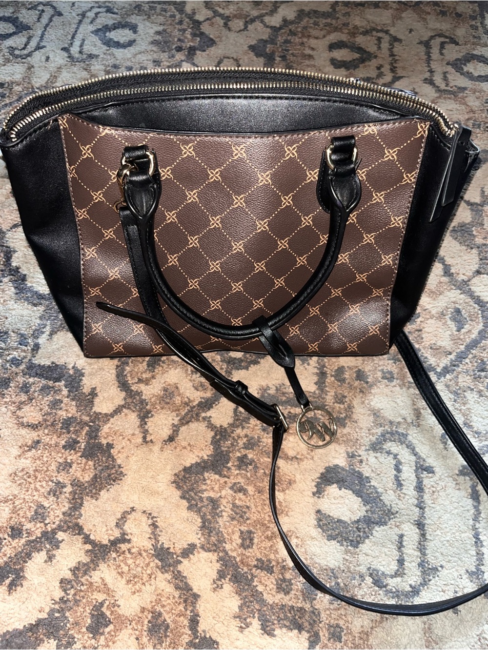 Nine West Brown and Black Monogram Satchel Shoulder Bag